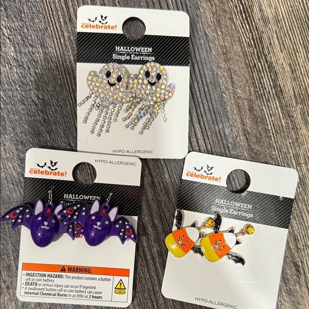 3 Halloween Earrings Set - Purple, Orange, Silver